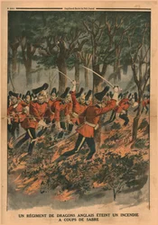 Un regimiento de dragones ingleses apaga un incendio con golpes de sable, 1914