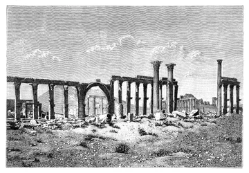Una columnata en ruinas en Palmira Tadmur, Siria, 1895
