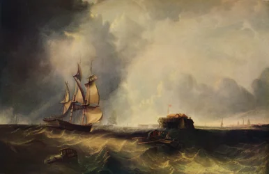 Un barco y hombres en un bote de remos frente a Calais, c1830, 1938