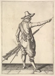 Un soldado sacando la baqueta de su soporte, de la serie Mosqueteros, placa 25, en Wap...