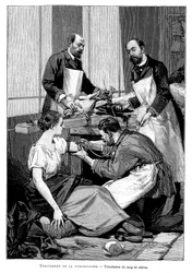 Paciente de tuberculosis recibiendo una transfusión de sangre de cabra, 1891