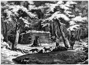Cabaña de invierno en el país de Saskatchewan, Canadá, 1877