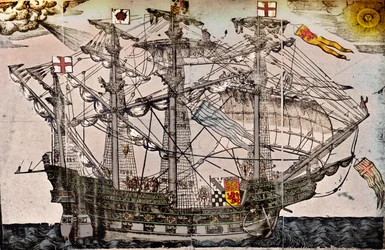 Un grabado en madera de un barco que se cree que es el Ark Royal, c. 1587