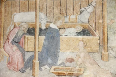 Fresco de la iglesia de la abadía de Abondance: escena de la natividad, Abondance, Francia