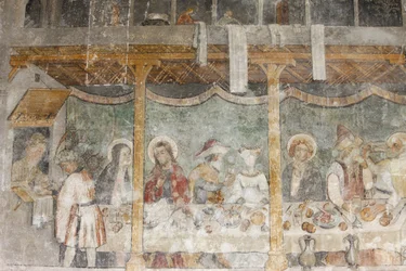 Fresco en la iglesia de la abadía de Abondance: la boda en Caná, Abondance, Francia