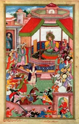Abul-Fazl ibn Mubarak presentando el Akbarnama a Akbar
