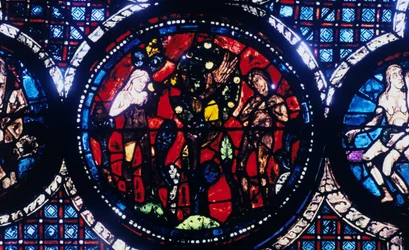 Adán y Eva La caída del hombre, vidriera, Catedral de Chartres, Francia, 1194-1260