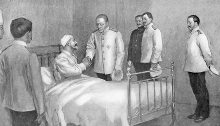 El almirante Togo visitando al almirante ruso Rozhestvensky en el hospital, Guerra Ruso-Japonesa, 1904-5