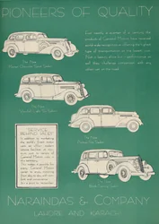 Anuncio de Naraindas & Company, proveedores de automóviles, 1936