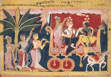 Akrura lleva a Krishna y Balarama a Mathura Isarda Bhagavata Purana, c. 1560-1570