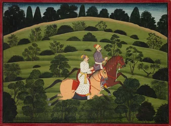 Akrura cabalga hacia Dwarka, página del gran Basohli Bhagavata Purana, c. 1760-1765