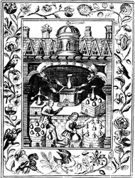 Laboratorio alquímico mostrando varias formas de hornos y recipientes, 1652