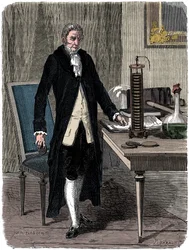 Alessandro Volta, físico italiano, demostrando su pila eléctrica, c1800 c1870