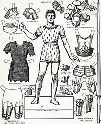 Toda la magnífica panoplia de un caballero con las diversas partes de su armadura, c1934