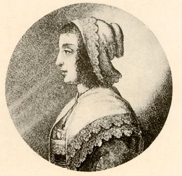 Una mujer inglesa con cofia y pañuelo adornado con encaje Vandyke, 1640, 1937