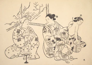 Una Oiran Sentada en un Salón Aplica el Tratamiento de Fuego a la Espalda Desnuda de Otra Mujer
