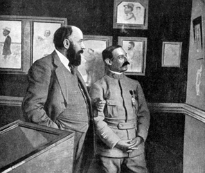 Una exposición de arte por soldados franceses luchando en Champagne, Francia, Primera Guerra Mundial, 1915