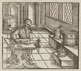 Análisis del salitre, utilizado en la pólvora y para la conservación de carnes - Grabado extraído de Descripción de los minerales y los principales métodos de explotación minera, de Lazarus Ecker