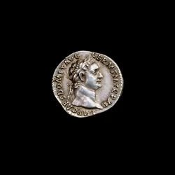 Moneda romana antigua que representa el busto de Domiciano, 81-96 d.C.