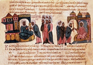Andrónico II Paleólogo, con su hijo y cautivos (miniatura bizantina)