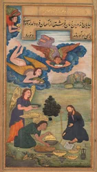 Ángeles llevan comida a Jesús en el desierto, de un Mirat al-quds del Padre Jerome Xavier..., 1602