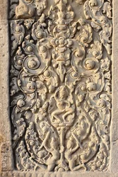 Angkor Wat, detalle tallado en la pared, flores, Siem Reap, Camboya