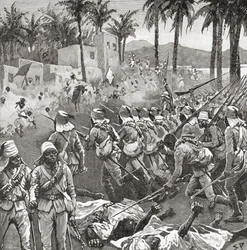 Tropas anglo-egipcias asaltan la aldea de Ferkeh en la batalla de Ferkeh o Firket, 7 de junio de 1896, durante la guerra mahdista