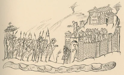 Guerreros anglosajones acercándose a un fuerte, 1908