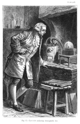Antoine Laurent Lavoisier, químico francés, investigando la existencia de oxígeno en el aire, 1873