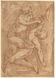 Apolo desollando a Marsias (recto) Dos bocetos de una madre y un niño (verso), siglo XVI