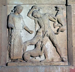 Metope arcaica que muestra a Acteón y Artemisa, siglo V a.C.