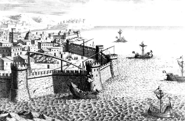 Cuervo de Arquímedes, dispositivo utilizado en el asedio de Siracusa, 215-212 a.C., siglo XVIII