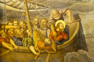 Iglesia Apostólica Armenia; Mural; tormenta; Jesús con sus discípulos en el bote durante una tormenta; Iglesia de Belén o Iglesia Bedkhem; distrito de Julfa o Jolfa; Isfahan; Irán; Asia