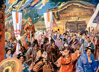 Impresión artística de Yorimoto, guerrero japonés del siglo XII, siglo XX