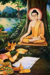 Nandabala ofreció al Buda asceta un cuenco de arroz con leche la mañana de su Iluminación. Pintura que representa la vida de Buda Shakyamuni. Wat Ong Teu Mahawihan. Templo del Buda Pesado. Vientián. Laos, 20151028, Vientián, Laos