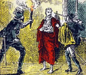 Asesinato de Gaspard de Coligny durante las masacres de San Bartolomé por un tal Besme, el 24 de agosto de 1572. Grabado en „Histoire de France“. Serie de imágenes publicitarias publicada por cuenta de Louit, 24 rue d