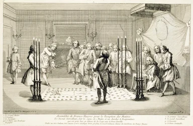 Asamblea de masones antes de la iniciación de un maestro, c1733