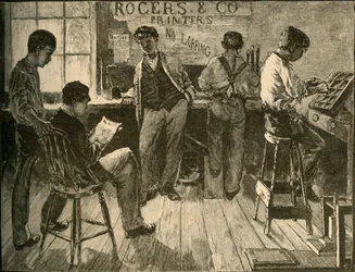 Trabajando en la imprenta, 1881