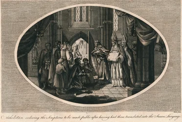 Athelstan ordenando la publicación de las escrituras traducidas al anglosajón, 930s 1793
