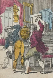 Subastador y abogado, subastador derribando un mal lote, principios del siglo XIX