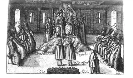 Audiencia con Iván V, Pedro I y Sofía Alekseyevna de Georg Adam Schleissing Derer beyden Czaaren en Reussland..., 1693