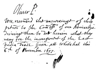 Nota autógrafa de Oliver Cromwell a una petición de la Compañía de las Indias Orientales, noviembre de 1657, 1893
