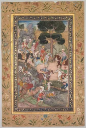Babur reuniéndose con el Sultán Ali Mirza en el río Kohik, del Babur-nama Memorias de Babur, c. 159