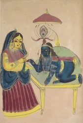 El bebé Krishna pidiendo mantequilla a Yashoda