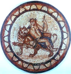 Baco, dios romano del vino, montando un tigre, mosaico romano, siglo I o II