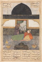 Bahram Gur visita a la princesa de la India en el Pabellón Negro, recto, hacia 1400-1410