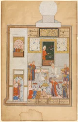 Bahram visita el pabellón de cúpula blanca recto, parte del Khamsa de Nizami, Haft Paykar..., c. 1560