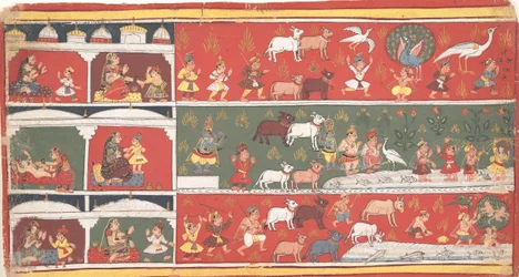 Bakasura, el demonio grulla, llega a Brindavan... un Bhagavata Purana disperso..., ca. 1700