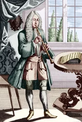 Músico de oboe barroco, la leyenda dice - Hombre tocando el hautboy (o hautbois) que es un oboe temprano. Grabado por J C Weigel (1661-1726) de Musikalisches Theatrum.