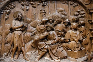 Basílica de San Denis, estalles de la Capilla de Goillon (comienzos del siglo XVI), representación de Jesús expresándose en parábolas frente a los habitantes de Palestina, Saint-Denis, Francia